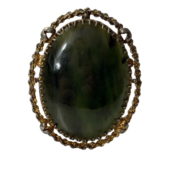 Green Chrysoprase Stone Brooch Pin Pendant Faded Gold Tone VTG Oval Open Work - Picture 3 of 16